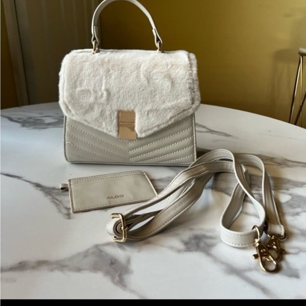 Aldo White and Cream Satchel with Faux Fur